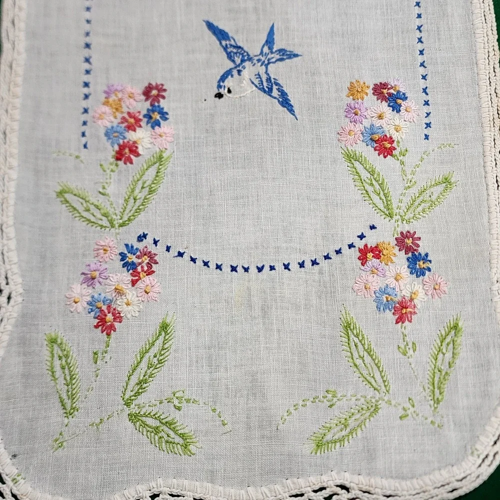 Antique Hand Embroidered Table Runner Bluebird Floral Crochet Lace Trim 36x11